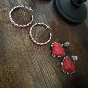 Silver and Red Heart Earrings Set